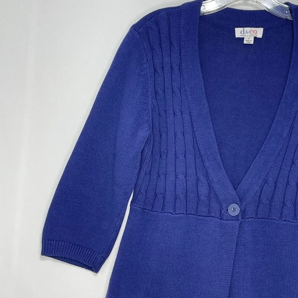 D&Co Women’s Small Cable Knit Sweater Cardigan Navy Blue One Button 3/4 Sleeve